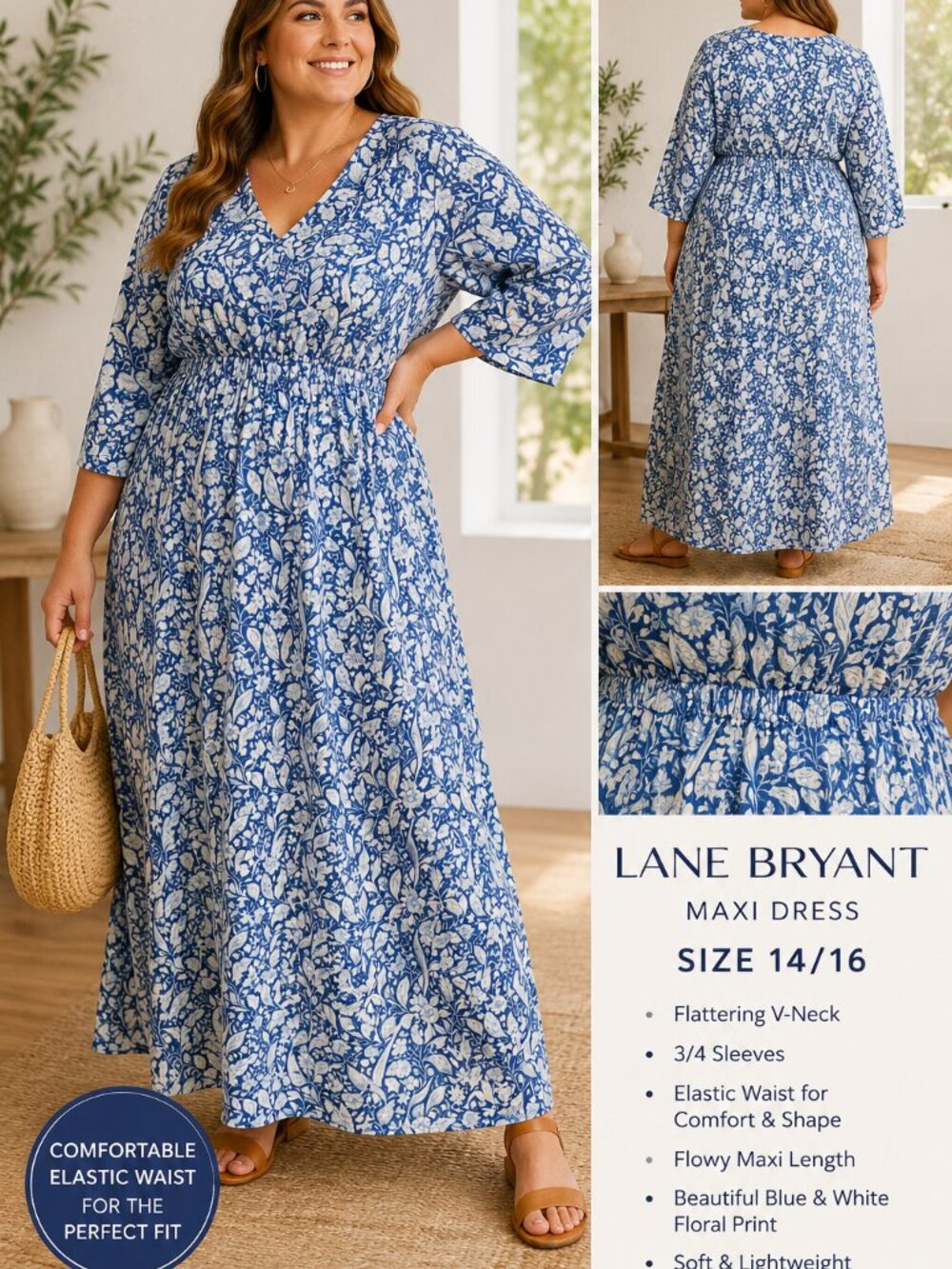 Lane Bryant Womens Maxi Dress 14/16 Blue White Floral V Neck Elastic Waist Boho